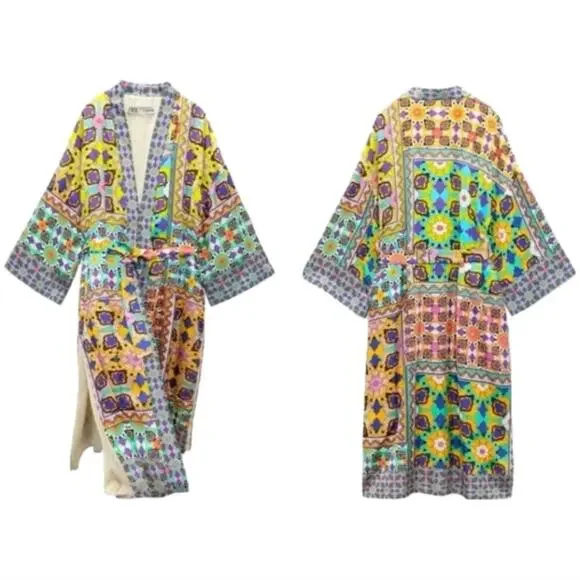 ZARA Printed  Belted Long Line‎ Open Front Kimono Robe Sz XS S M NEW! - Picture 3 of 16